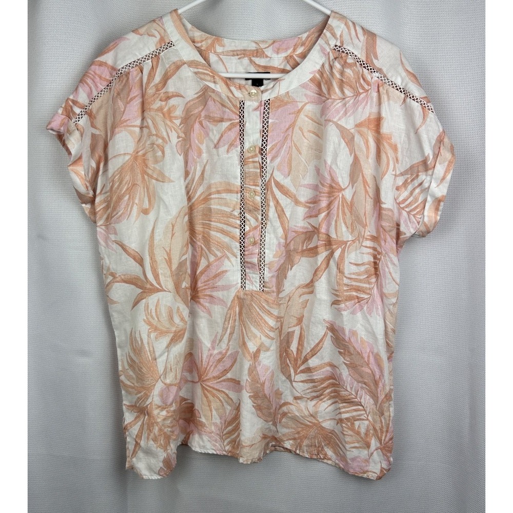 Ann Taylor 100% Linen Blouse Lace Details Buttoned L Coastal Resort Vaca Boho